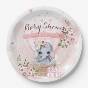 Cute Baby Elephant Floral Pink Baby Shower Paper Plate
