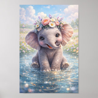 Cute Baby Elephant Flower Crown Water Splash Nurse Poster