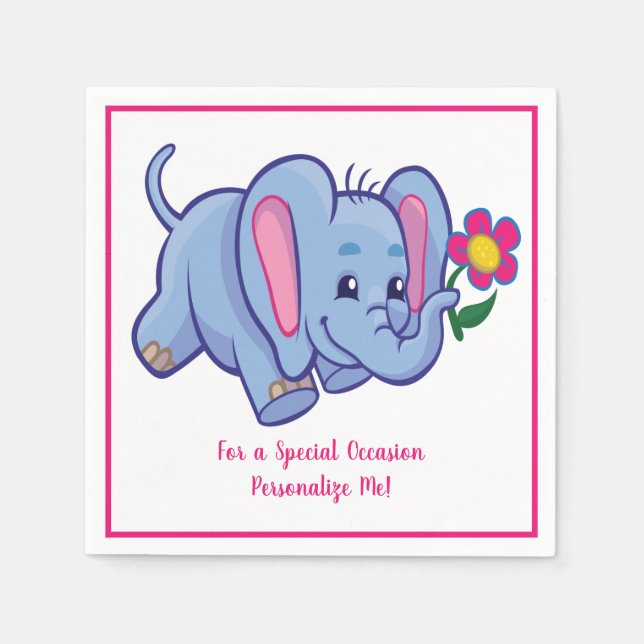 Cute Baby Elephant & Flower Personalised Napkin (Front)