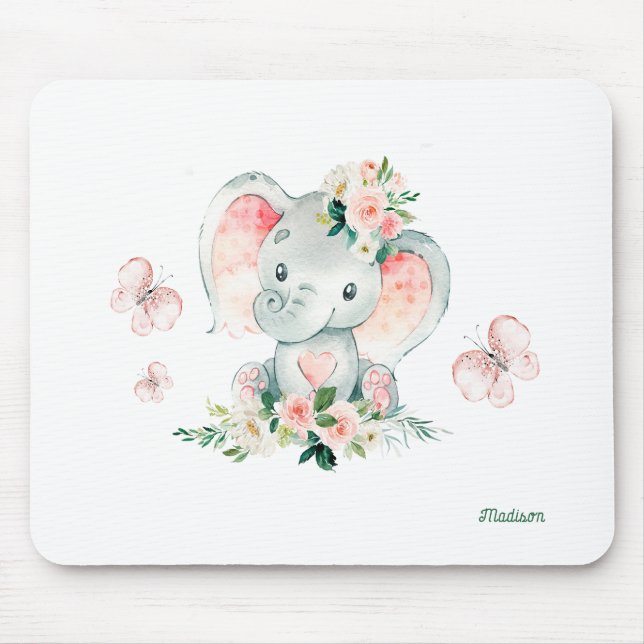 Cute baby elephant flowers and butterflies mouse mat (Front)