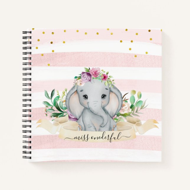 Cute Baby Elephant Flowers Child Daily Journal (Front)