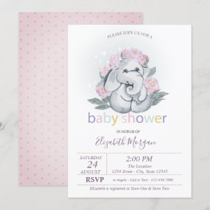 Cute Baby Elephant Flowers Polka Dots Baby Shower Invitation