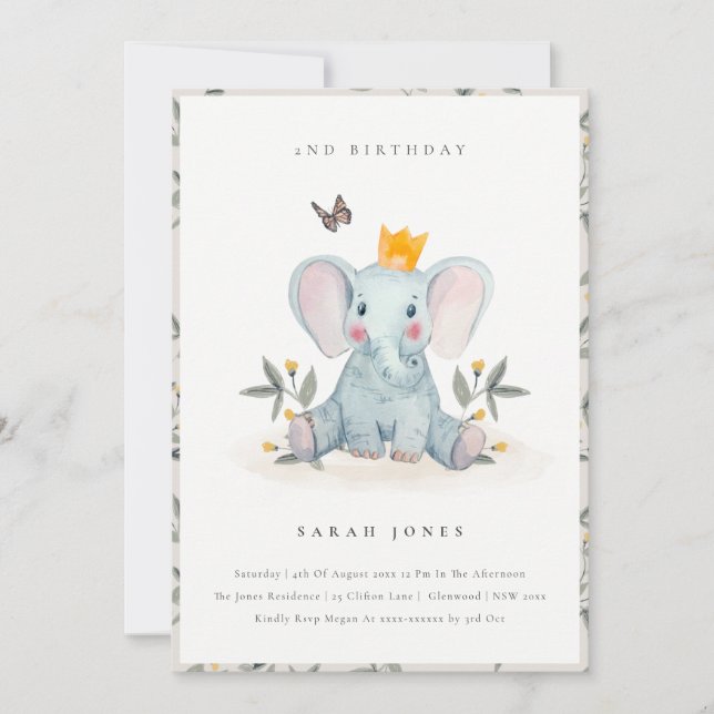 Cute Baby Elephant Foliage Any Age Birthday Invite (Front)