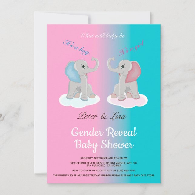 Cute Baby Elephant Gender Reveal Baby Shower Photo Invitation (Front)