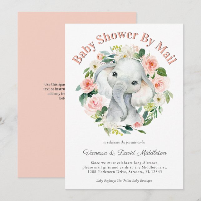Cute Baby Elephant Girl Baby Shower by Mail Invitation (Front/Back)