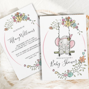 Cute Baby Elephant Girl Floral Swing Baby Shower Invitation