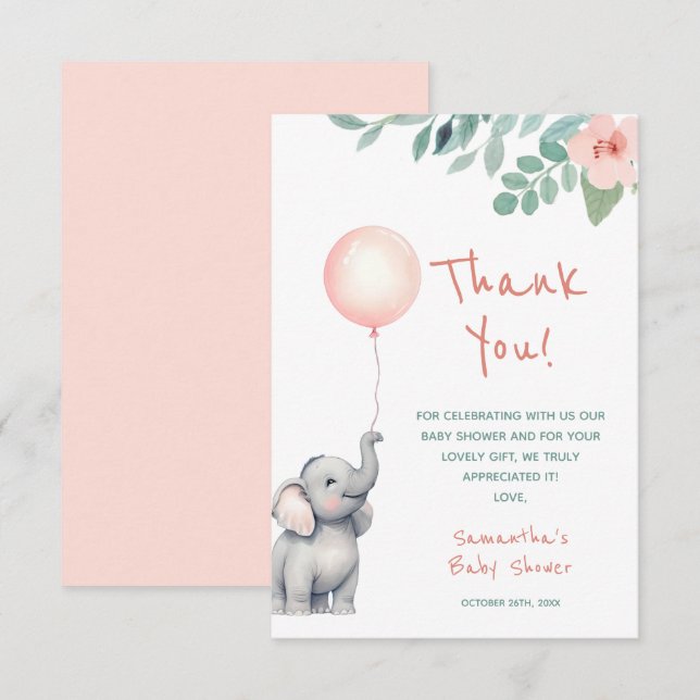 Cute Baby Elephant Girl Pink Balloon Baby Shower Thank You Card (Front/Back)