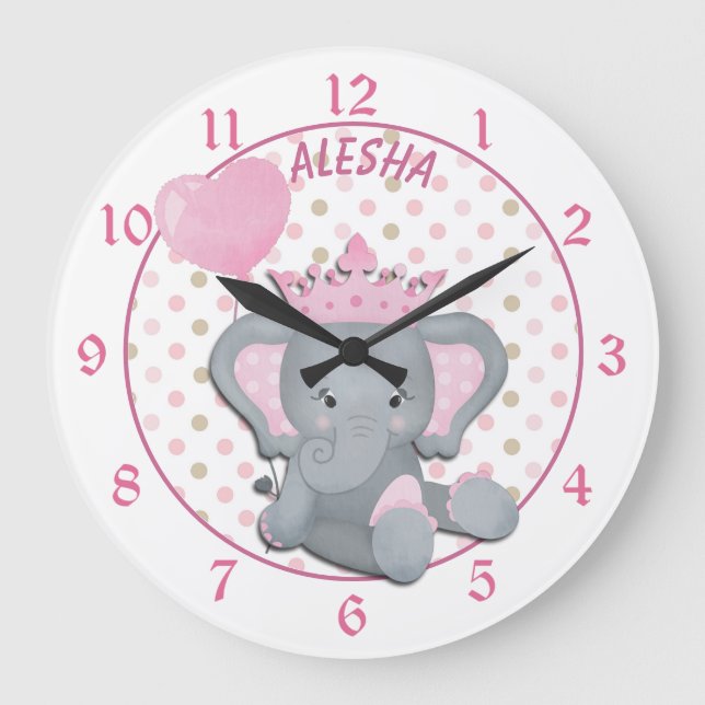 Cute Baby Elephant Girl Princess Large Clock (Front)