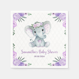 Cute Baby Elephant Girl Purple Floral Paper Napkin