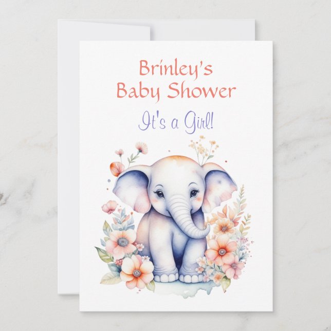 Cute Baby Elephant Girl's Baby Shower  Invitation (Front)