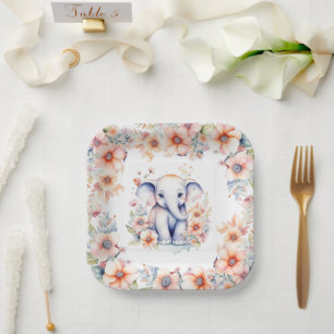 Cute Baby Elephant Girl's Baby Shower Paper Plate