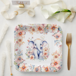 Cute Baby Elephant Girl's Baby Shower  Paper Plate