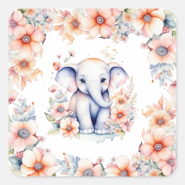 Cute Baby Elephant Girl's Baby Shower  Square Sticker (Front)