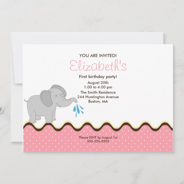Cute Baby Elephant Girl's Birthday Invitation (Front)