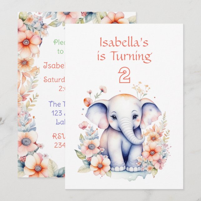 Cute Baby Elephant Girl's Birthday Party  Invitation (Front/Back)