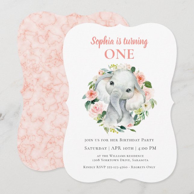 Cute Baby Elephant Girl's First Birthday Party Invitation (Front/Back)