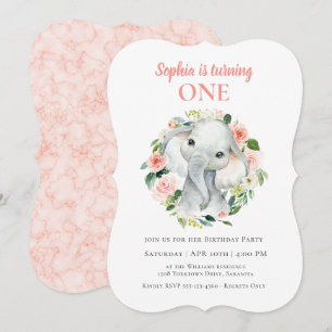 Cute Baby Elephant Girl's First Birthday Party Invitation