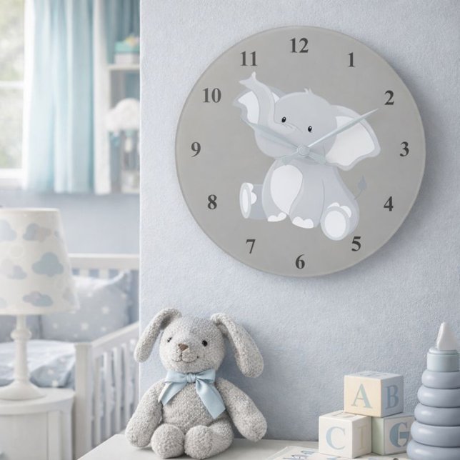 Cute Baby Elephant Grey Large Clock (Creator Uploaded)