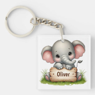 Cute Baby Elephant Holding a Name Sign Key Ring