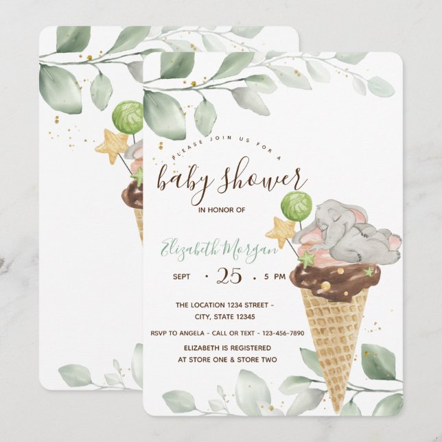 Cute Baby Elephant Ice cream Baby Shower Invitation (Front/Back)
