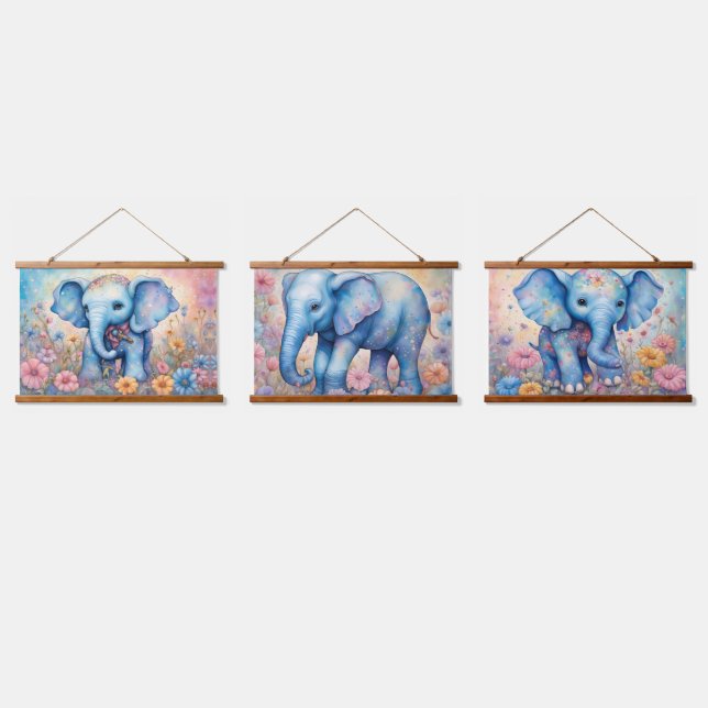 Cute Baby Elephant In a Pastel Daisy Garden Hanging Tapestry (Triple)