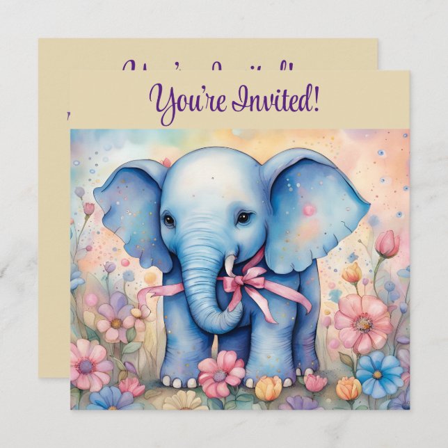 Cute Baby Elephant In a Pastel Garden  Invitation (Front/Back)