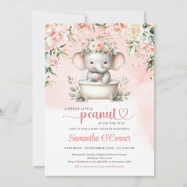 Cute baby elephant in bathtub take a shower girl invitation (Front)