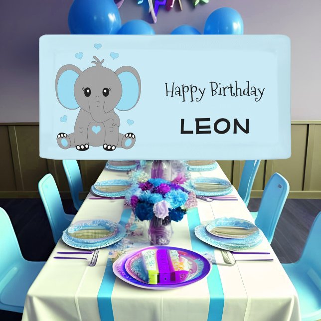 Cute baby elephant in blue, boys birthday  banner (Creator Uploaded)