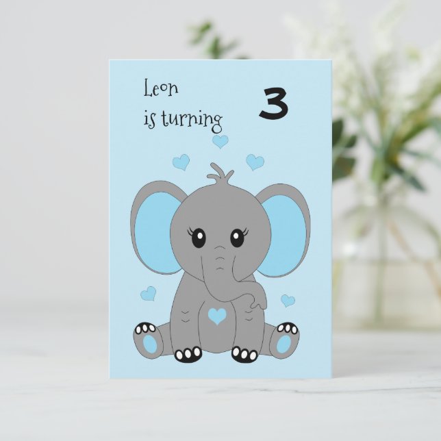 Cute baby elephant in blue, boys birthday  invitation (Standing Front)
