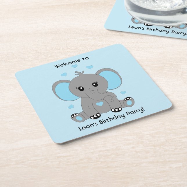 Cute baby elephant in blue for boys birthday  square paper coaster (Angled)