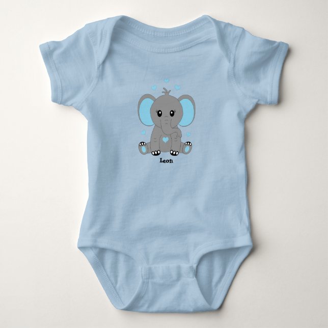 Cute baby elephant in blue, hand drawn,  bodysuit (Front)