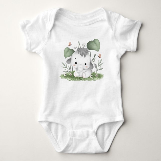 Cute Baby Elephant in Greenery  Bodysuit (Front)