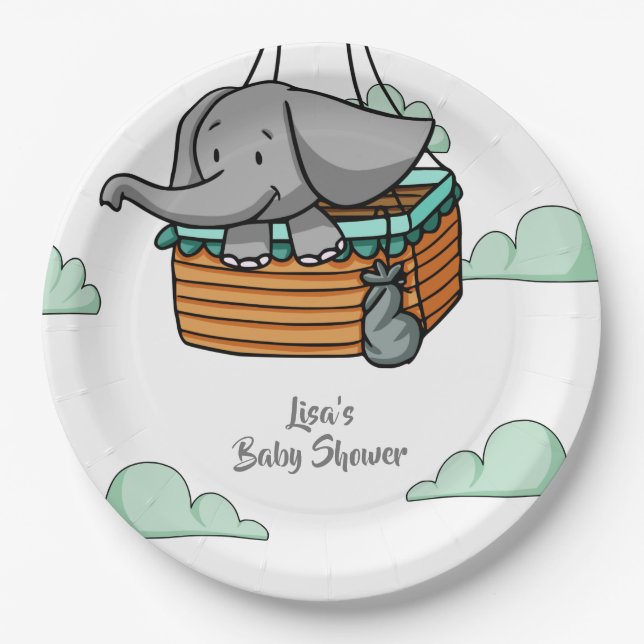 Cute Baby Elephant in Hot Air Balloon Basket Party Paper Plate (Front)