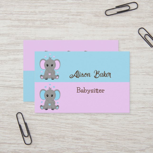 Cute baby elephant in pink and blue - babysitter   business card (Front/Back In Situ)