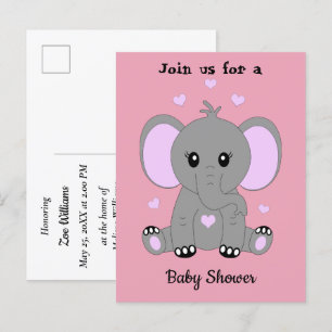 Cute baby elephant in pink, baby shower  invitation postcard