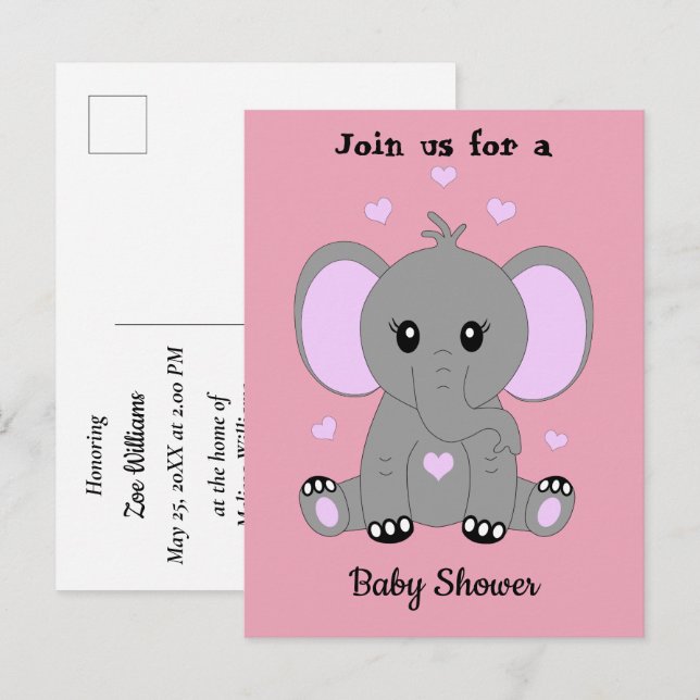 Cute baby elephant in pink, baby shower  invitation postcard (Front/Back)