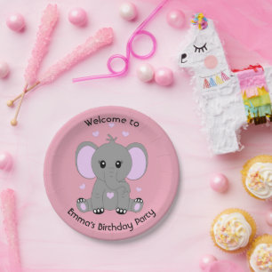 Cute baby elephant in pink for girls birthday paper plate