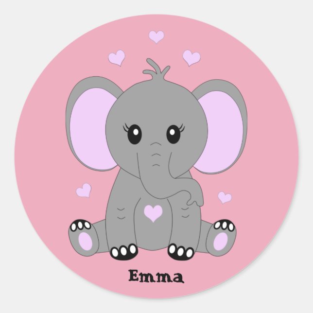 Cute baby elephant in pink for girls, hand drawn,  classic round sticker (Front)