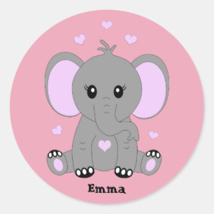 Cute baby elephant in pink for girls, hand drawn,  classic round sticker