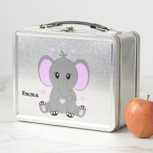 Cute baby elephant in pink for girls metal lunch box
