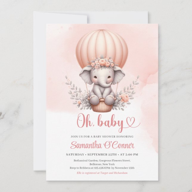 Cute baby elephant in pink hot air balloon girl invitation (Front)