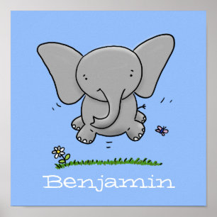 Cute baby elephant jumping cartoon illustration poster