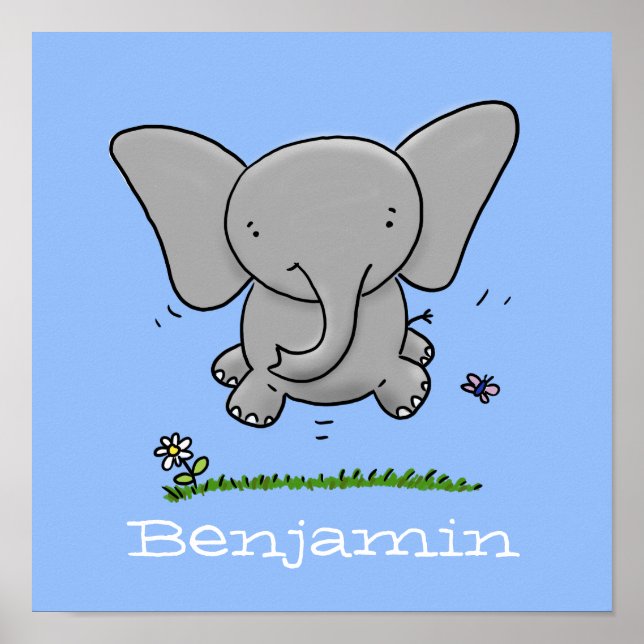 Cute baby elephant jumping cartoon illustration poster (Front)