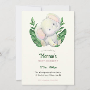 Cute Baby Elephant Jungle Birthday Party Invitation