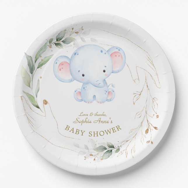 Cute Baby Elephant Jungle Greenery Baby Shower  Paper Plate (Front)