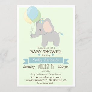 Cute Baby Elephant, Jungle Zoo Boy Baby Shower Invitation