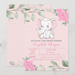 Cute Baby Elephant, Leaves, Floral Baby Shower Invitation