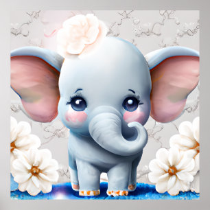 Cute baby elephant light blue boys  room poster