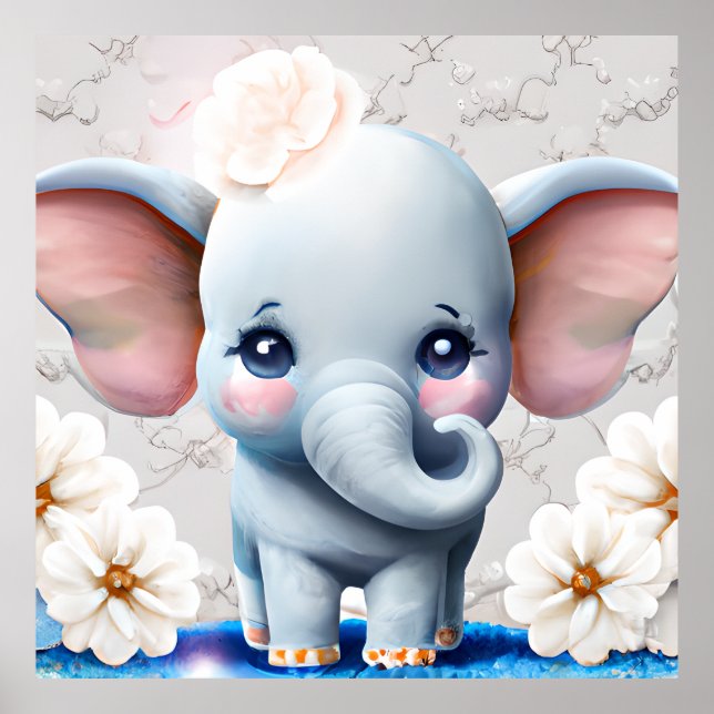 Cute baby elephant light blue boys  room poster (Front)