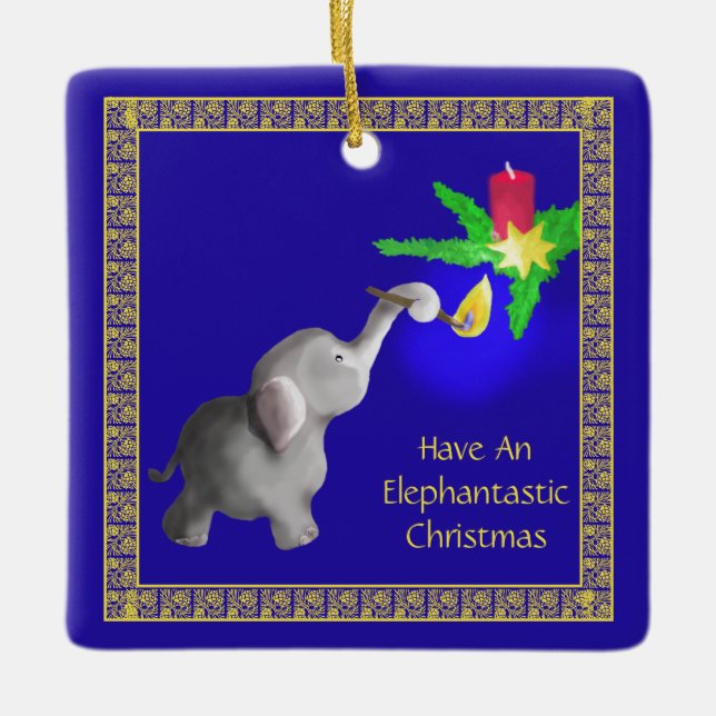 Cute Baby Elephant Lights a Candle Christmas Ceramic Ornament (Front)
